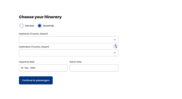 Specify the route, date, one-way or return and enter your passenger details.